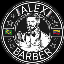 a logo for alex barber shows a bearded man holding a comb and a book