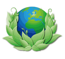 a globe with green leaves around it