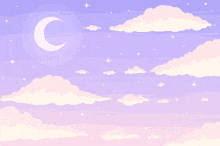 a pixel art of a purple sky with clouds and a crescent moon .