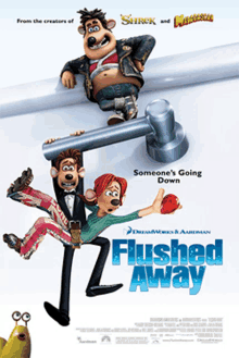 a movie poster for flushed away shows a man and woman