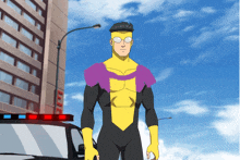 a cartoon of a man in a yellow and purple superhero costume standing in front of a police car