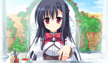 a girl with long black hair and purple eyes is sitting at a table with a cup of tea