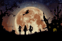 a halloween scene with a full moon and a witch on a broom in the sky