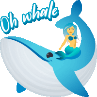 a mermaid is riding on the back of a blue whale with the words oh whale above her