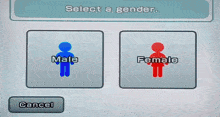 a screen that says select a gender with a male and female option