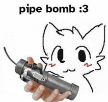 a drawing of a cat holding a pipe bomb in its hand .