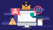 an illustration of a computer with a skull and crossbones and a warning sign