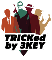 a logo for tricked by 3 key shows a man with a gun