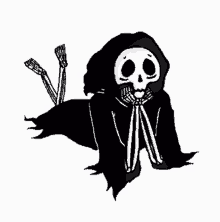 a black and white drawing of a grim reaper with a hood and skeleton legs .