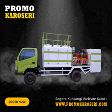 a green and white truck is advertising promo karoseri