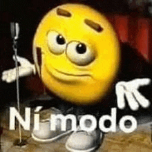 a cartoon smiley face is standing next to a microphone with the words `` ni modo '' written on it .