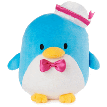 a blue and white stuffed penguin with a pink bow tie