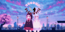 two anime girls are standing next to each other in front of a sign that says " little underworld "