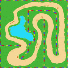 a cartoon drawing of a race track with a pond in the middle