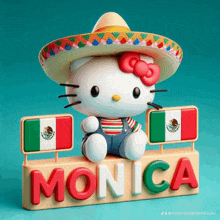 a hello kitty wearing a sombrero sits next to the name monica