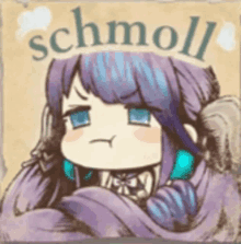 a drawing of a girl with purple hair and the word schmolly