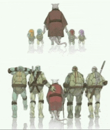 a group of teenage mutant ninja turtles are standing next to each other holding hands