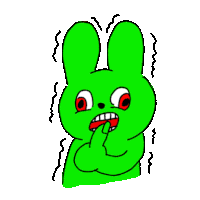 a green cartoon rabbit with red eyes is making a funny face while holding his finger to his mouth .