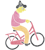 a drawing of a person riding a bike with a red front wheel