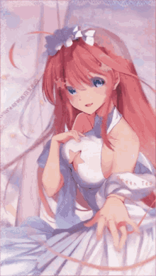 a girl with long red hair and blue eyes is wearing a white dress and veil