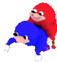 a red knuckles is riding a blue sonic the hedgehog on his back .