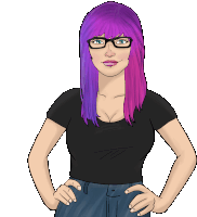 a cartoon drawing of a woman with purple and pink hair and glasses