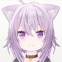 a girl with purple hair has a choker around her neck and a cat ear