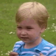 a young boy in a blue and purple striped shirt is standing in the grass and making a funny face .