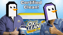 a man holding a bucket of oxi clean next to two penguins