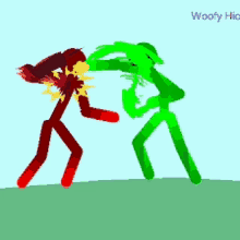 a cartoon of a red and green stick figure fighting with the words woofy hic on the bottom