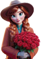 anna from the movie frozen holding a bouquet of red roses