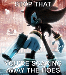 a poster of shadow the hedgehog holding a gun and saying stop that you 're scaring away the hoes