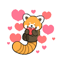 a red panda is surrounded by hearts and holding a heart in its paws