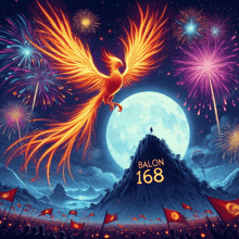 a painting of a phoenix flying over a mountain with the number 168