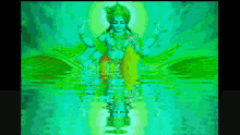 a green and yellow painting of a deity standing in the water