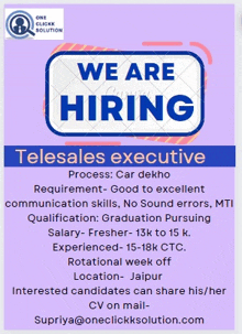 a poster that says we are hiring telesales executive process car dekho