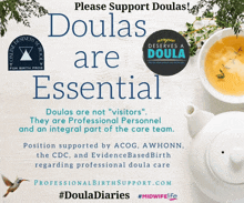 a poster that says doulas are essential with a teapot and a bowl of soup