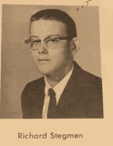 a black and white photo of a young man with the name richard stegmen on the bottom