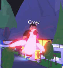 a cartoon character named crow is flying in the air