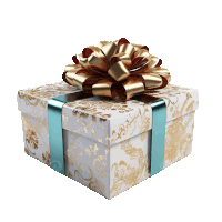 a white and gold gift box with a blue ribbon and a gold bow