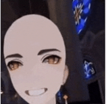 a cartoon character with a bald head and brown eyes is smiling and looking at the camera .