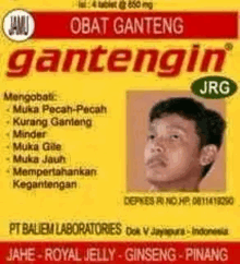 a box of obat ganteng gantengin jrg with a picture of a man 's face on it .