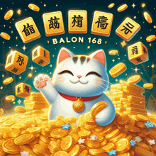 an illustration of a cat surrounded by gold coins with the words balon 168