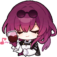 a girl with purple hair and sunglasses is holding a glass of wine