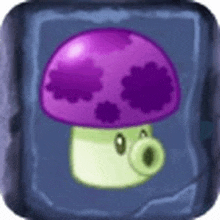 a purple mushroom with a green stem is sitting on top of a blue block .