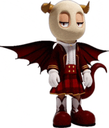 a cartoon character with horns and wings is wearing a red plaid skirt and boots