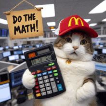 a cat wearing a mcdonald 's hat and holding a calculator