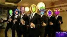 a group of men in suits and ties are standing in a room with their faces painted on them