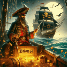 a pirate is sitting in a boat holding a sword and a box that says balon 168