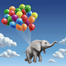 an elephant is flying through the air carrying a bunch of balloons